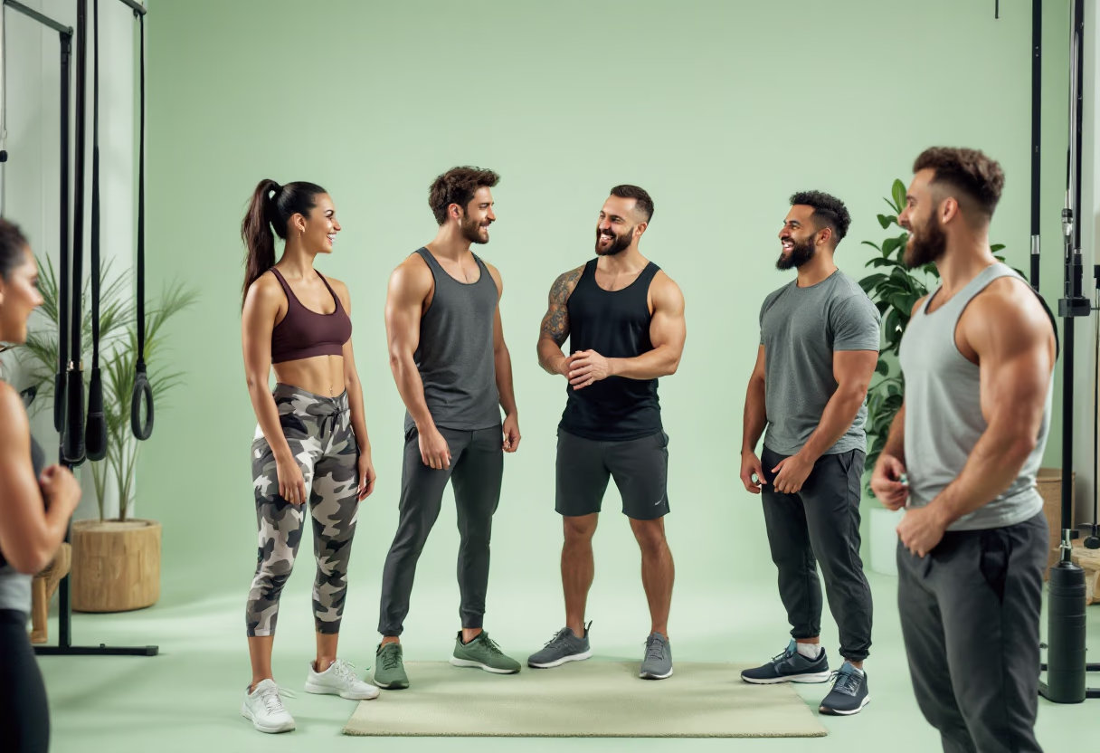 Group of fit young adults in workout clothes standing and smiling in a gym setting.