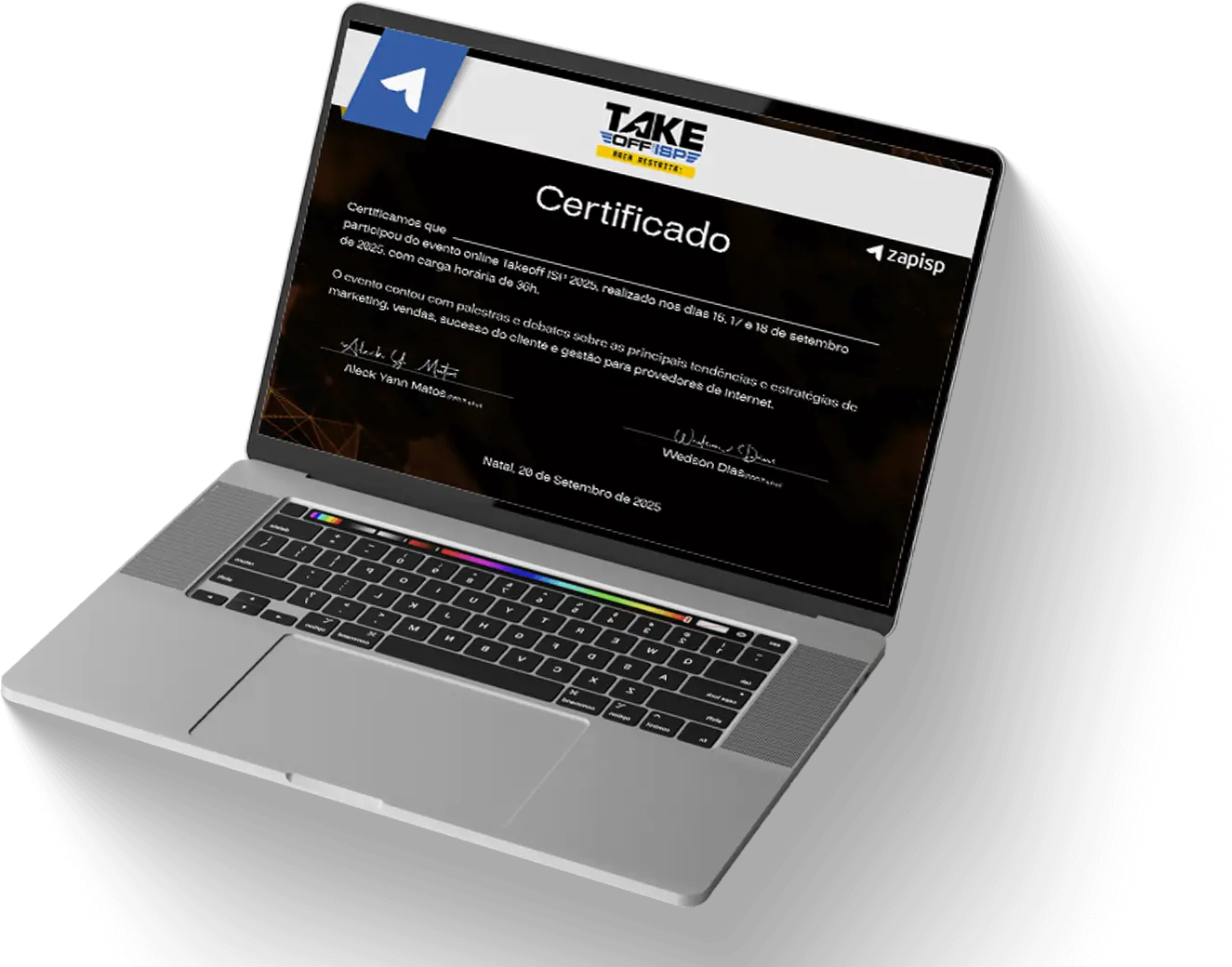 Mockup do certificado de participação do Takeoff ISP 2025