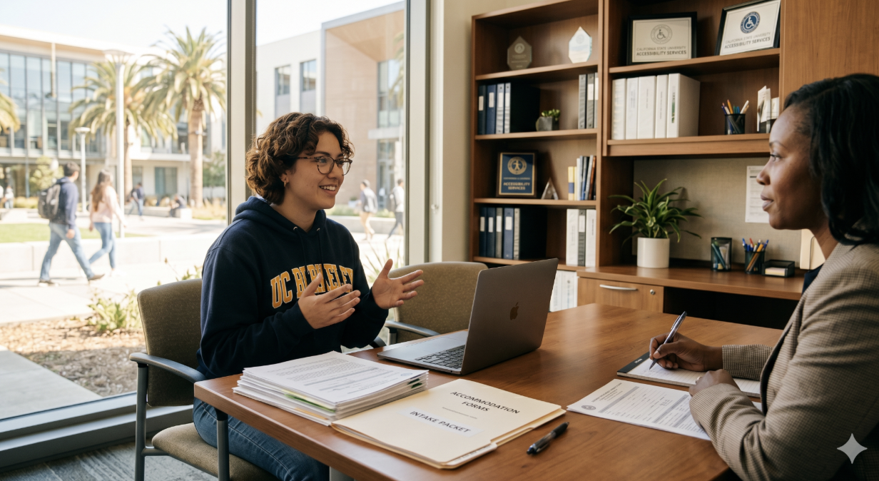 College student meeting with a disability services advisor to request accommodations.