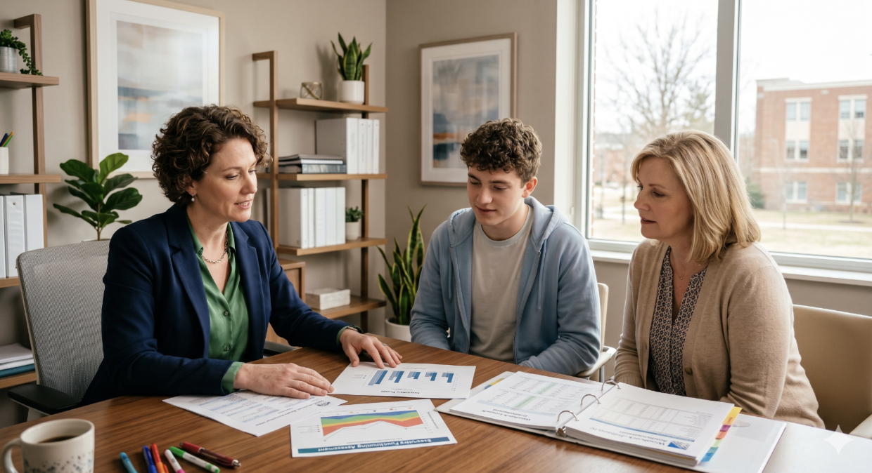 Educational psychologist reviewing updated psychoeducational evaluation results for college accommodations.