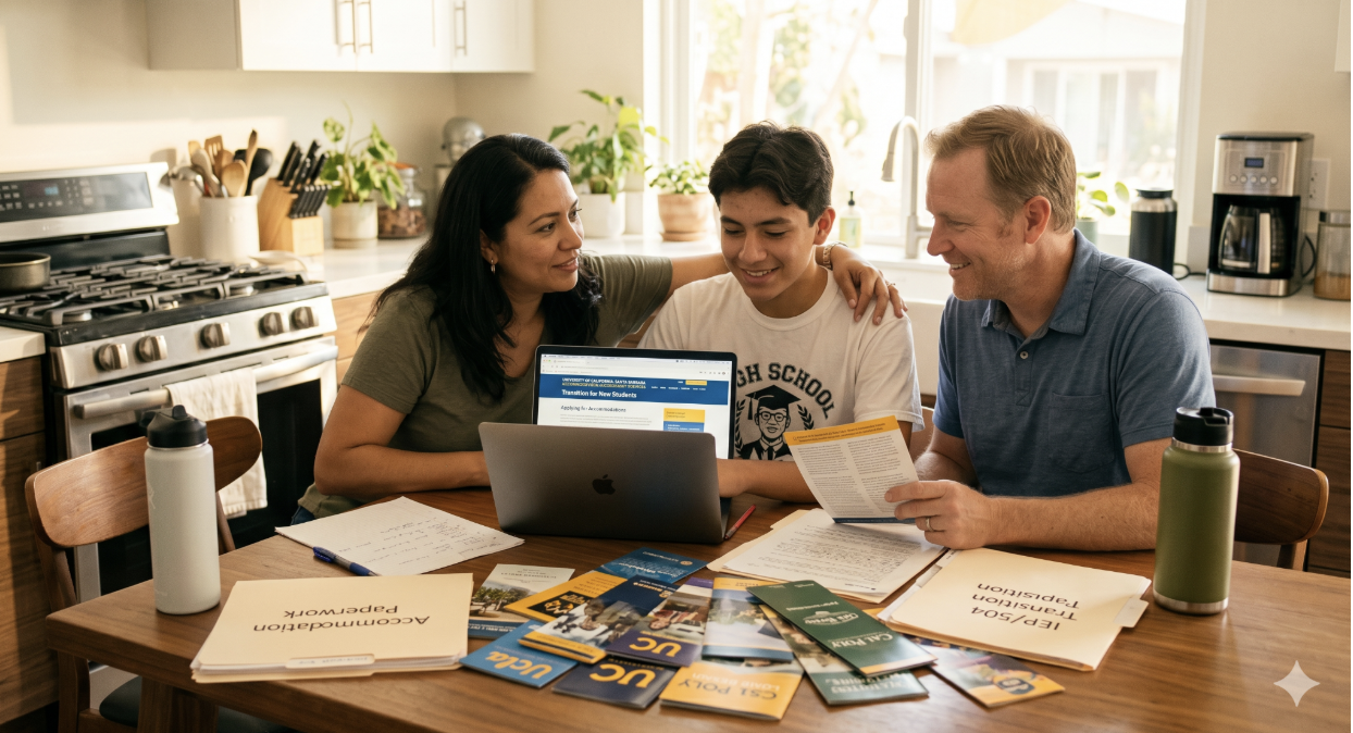 Family preparing documentation and plans for college accommodations before move-in day.