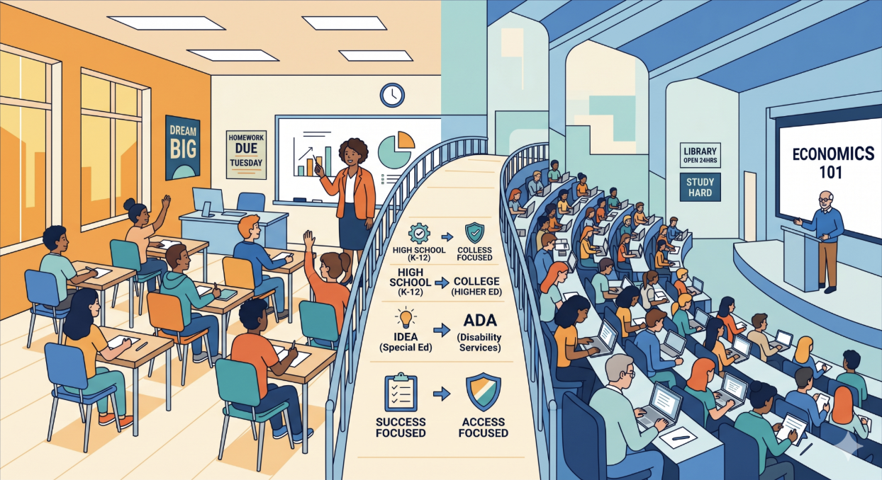 Comparison graphic illustrating the transition from K-12 IDEA laws to higher education ADA and Section 504 laws.