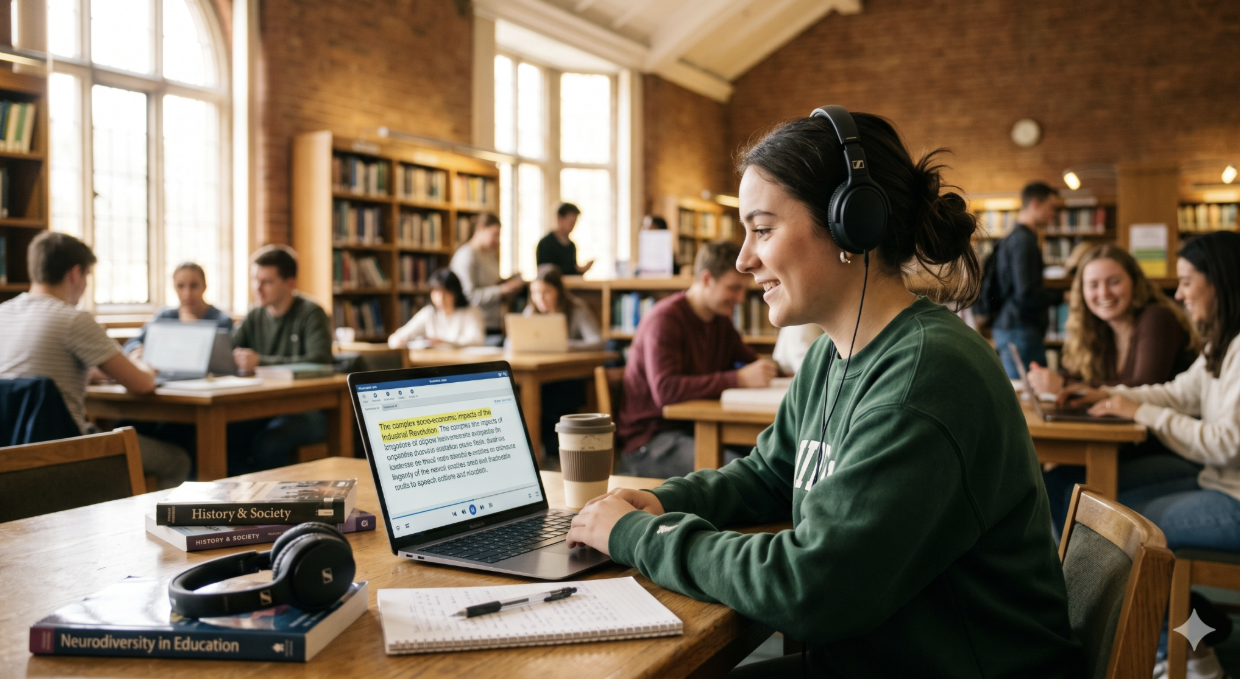 Confident university student using assistive technology on a laptop in a campus library to manage their college accommodations.