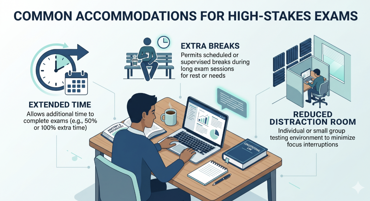 Infographic outlining common testing accommodations like extended time, extra breaks, and a reduced-distraction environment alongside text labels for qualifying conditions such as ADHD, dyslexia, and anxiety. 