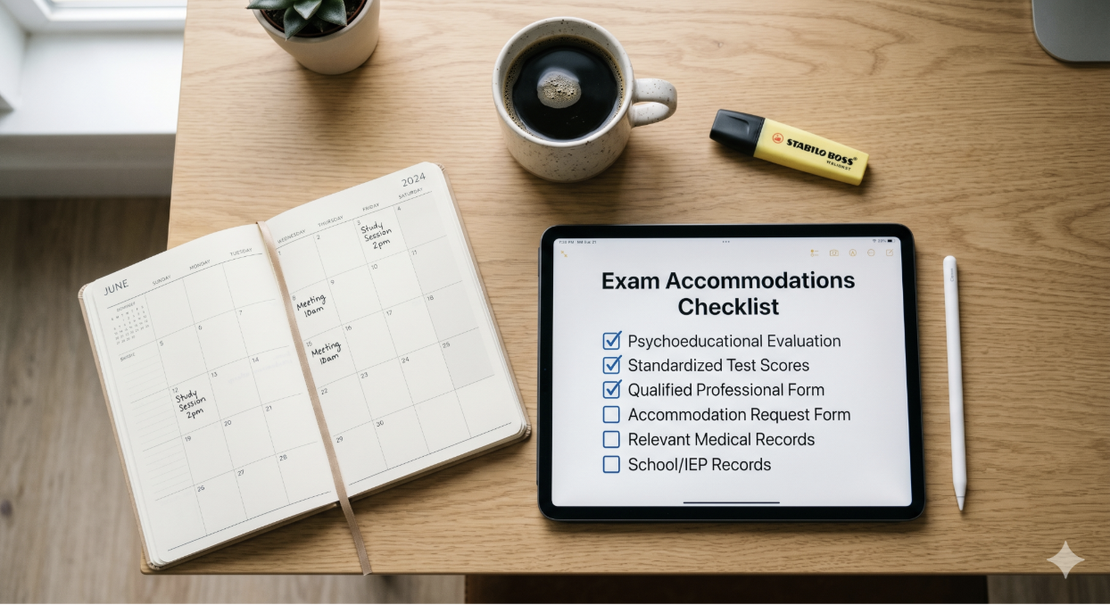 Flat-lay photo of an accommodations documentation checklist on a digital tablet screen resting on a clean desk workspace next to a calendar. 