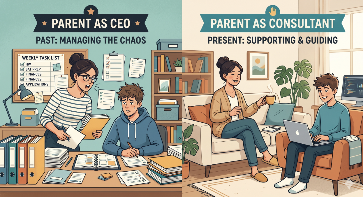 Conceptual illustration showing a parent transitioning from a hands-on manager to a supportive consultant while their college student works independently on a laptop.