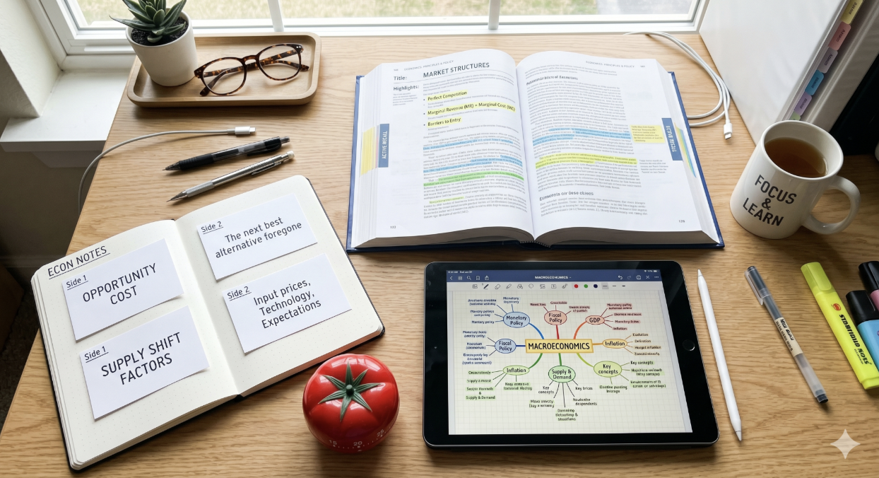 Student desk layout featuring a textbook, mind map, active recall notes, and a tomato Pomodoro timer for focused studying.
