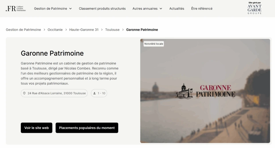 Fiche de Garonne Patrimoine dans le TOP 3 du classement des cabinets de gestion de patrimoine