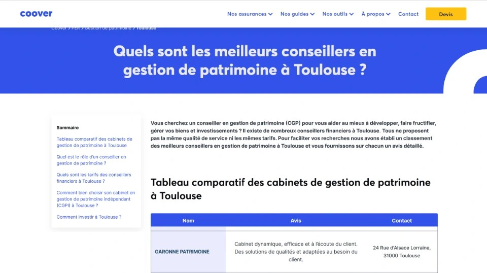 Classement Coover des meilleurs cabinets de gestion de patrimoine citant Garonne Patrimoine