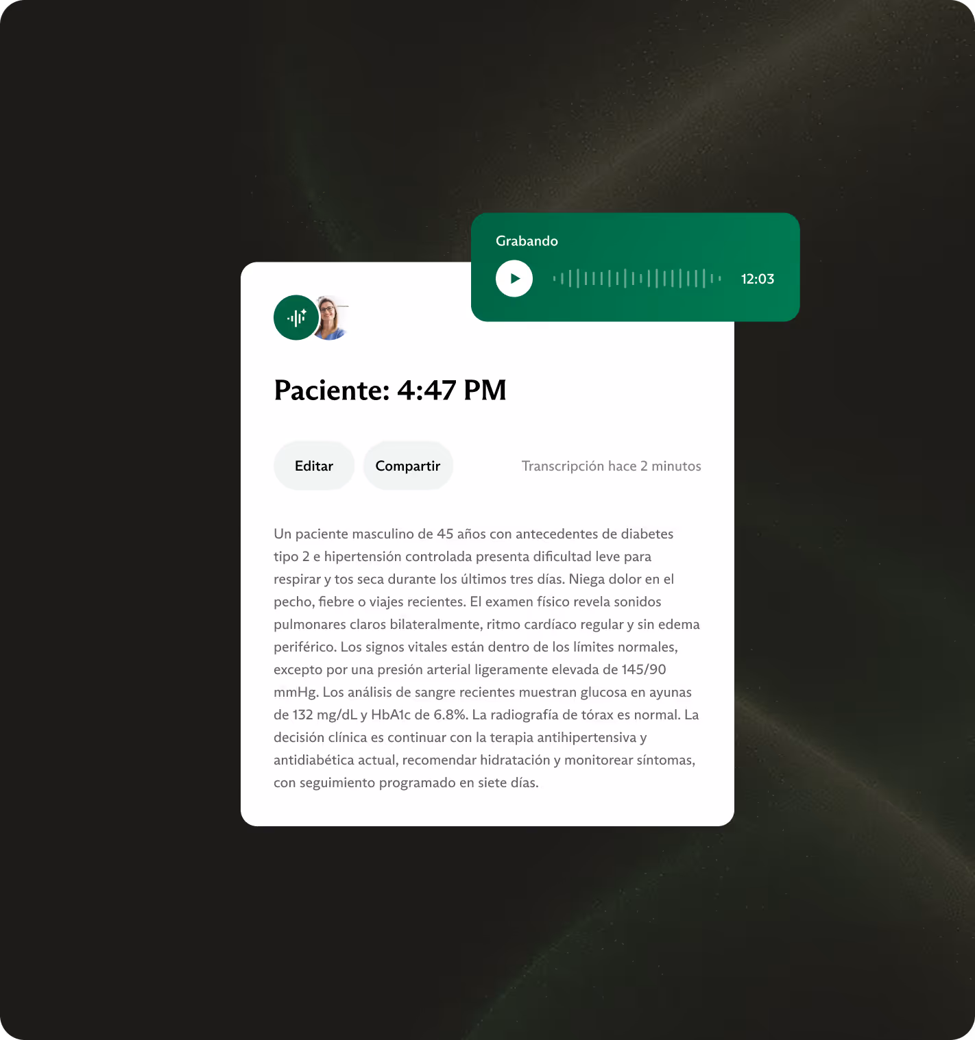 Interfaz de la IA Redactora de Telepatia generando el registro médico en tiempo real
