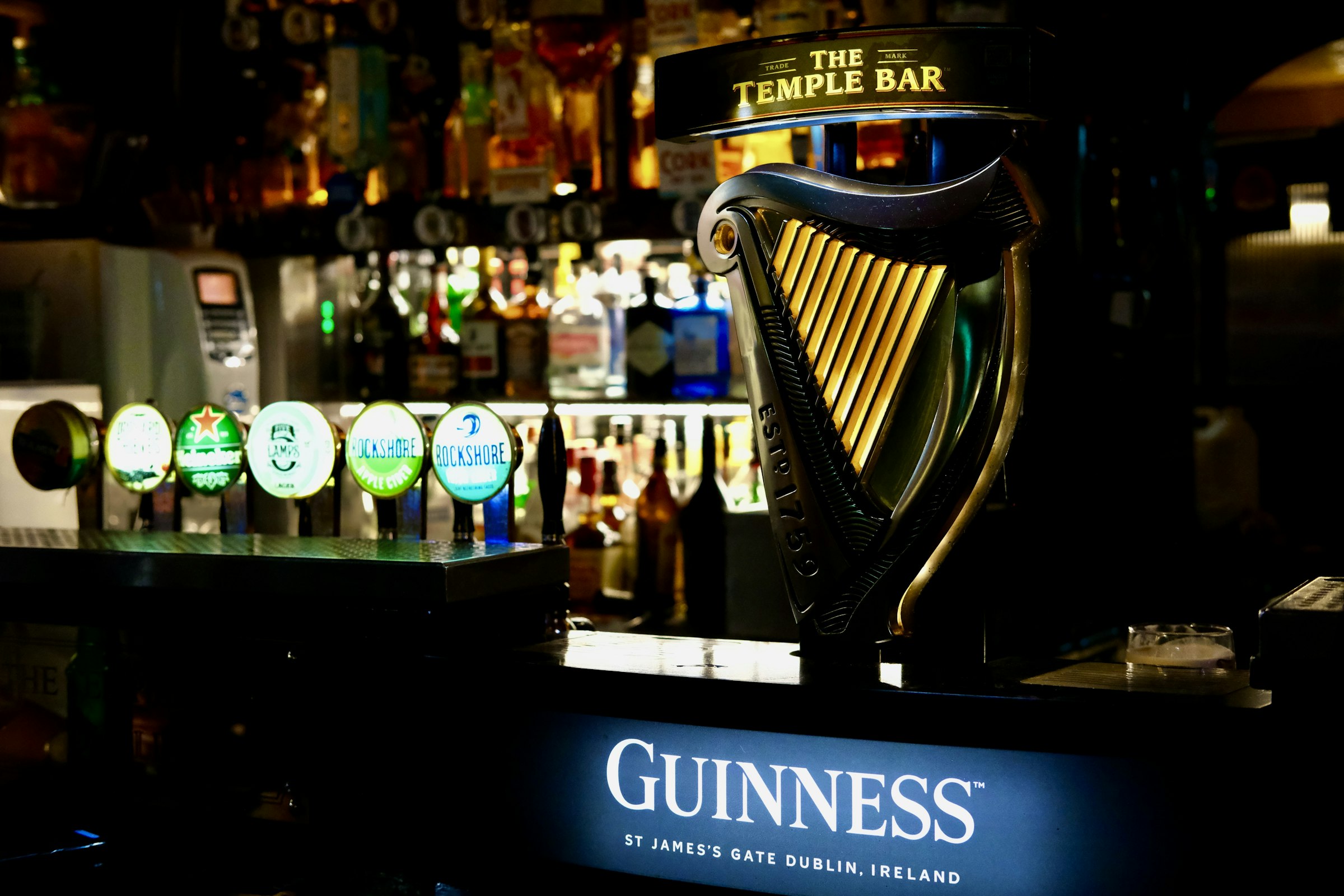 A pint of Guinness on a Dublin bar
