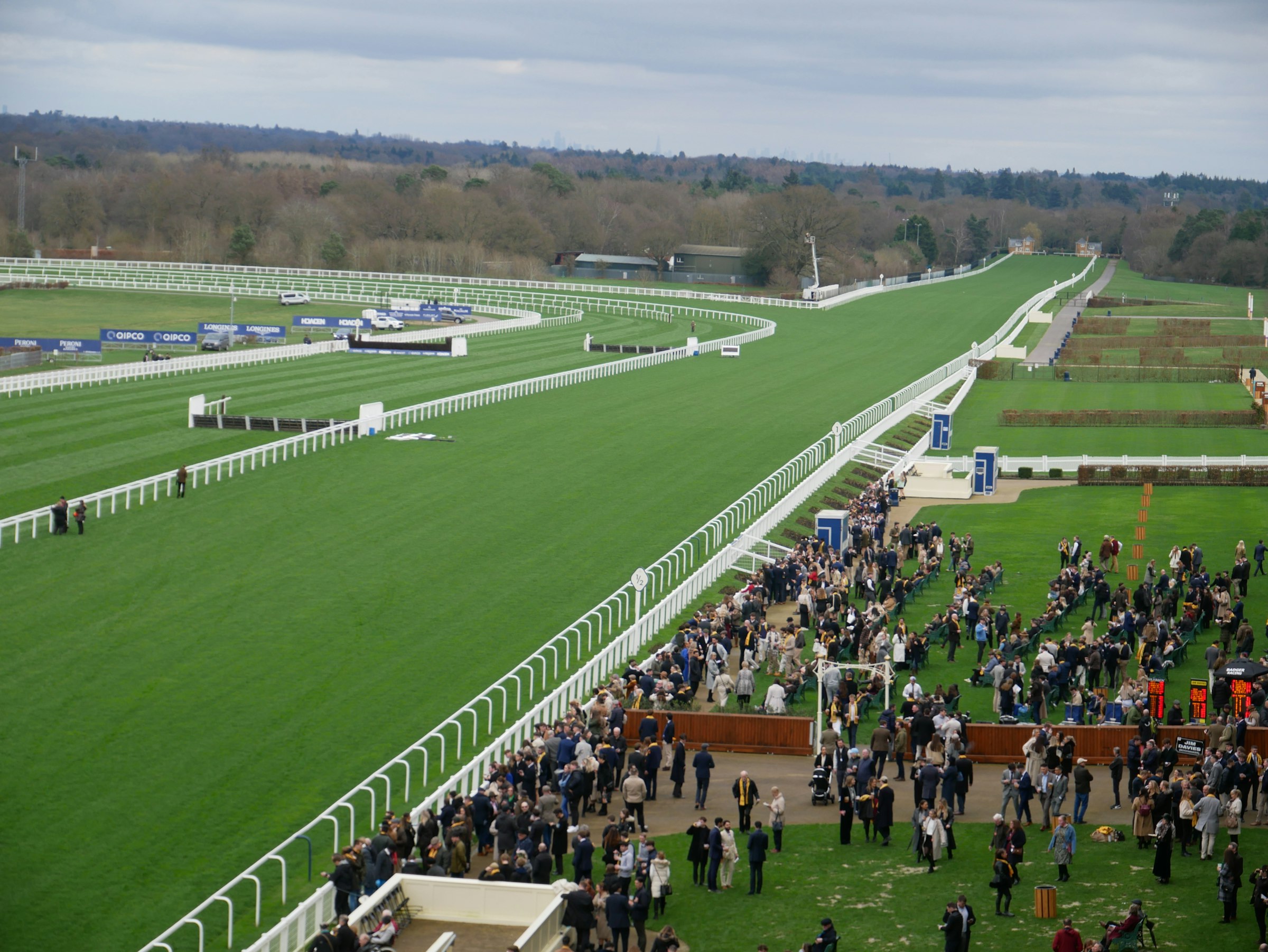 A crowd gathered along the rail of a green racecourse