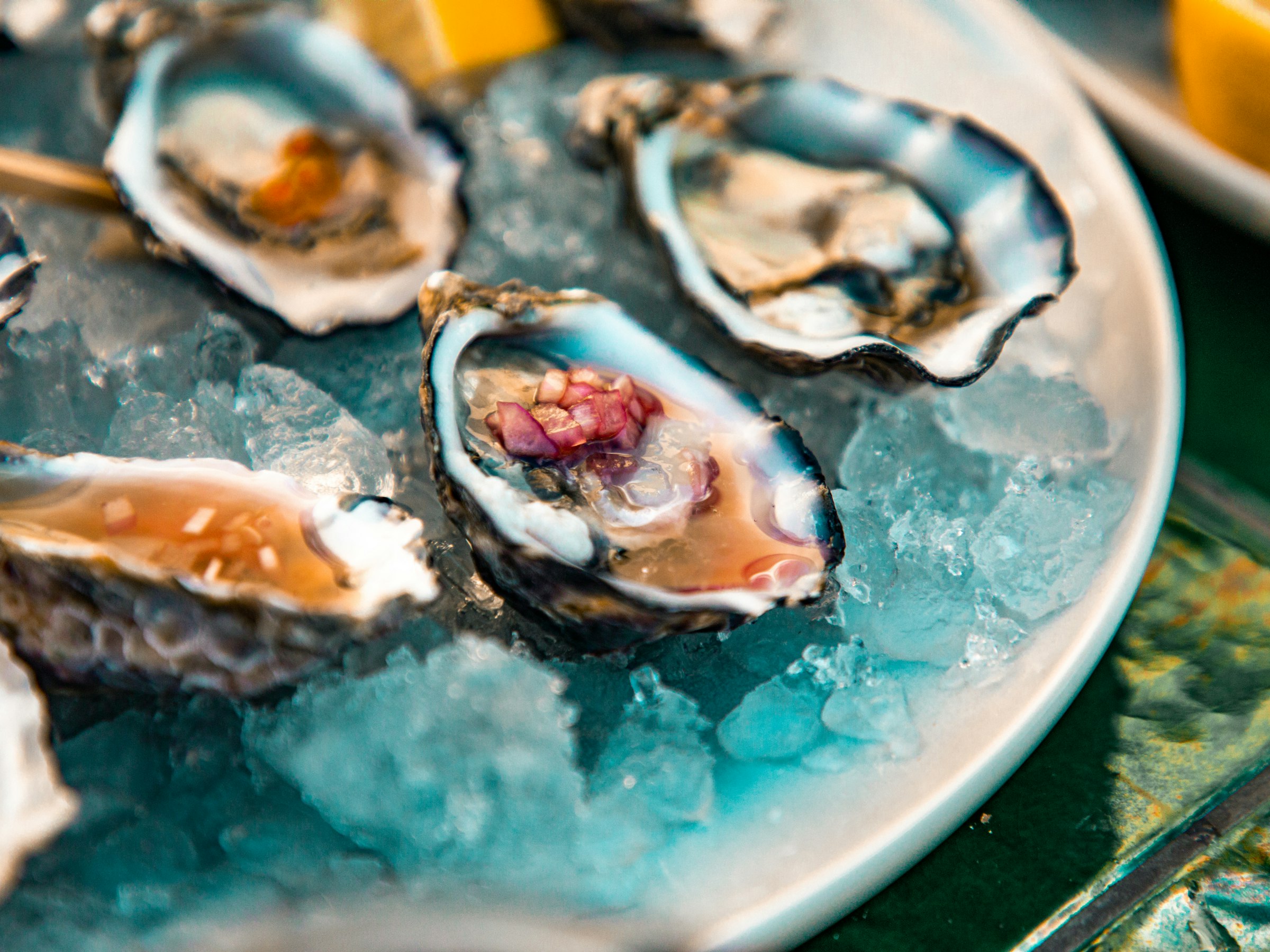 Freshly shucked oysters on crushed ice with lemon