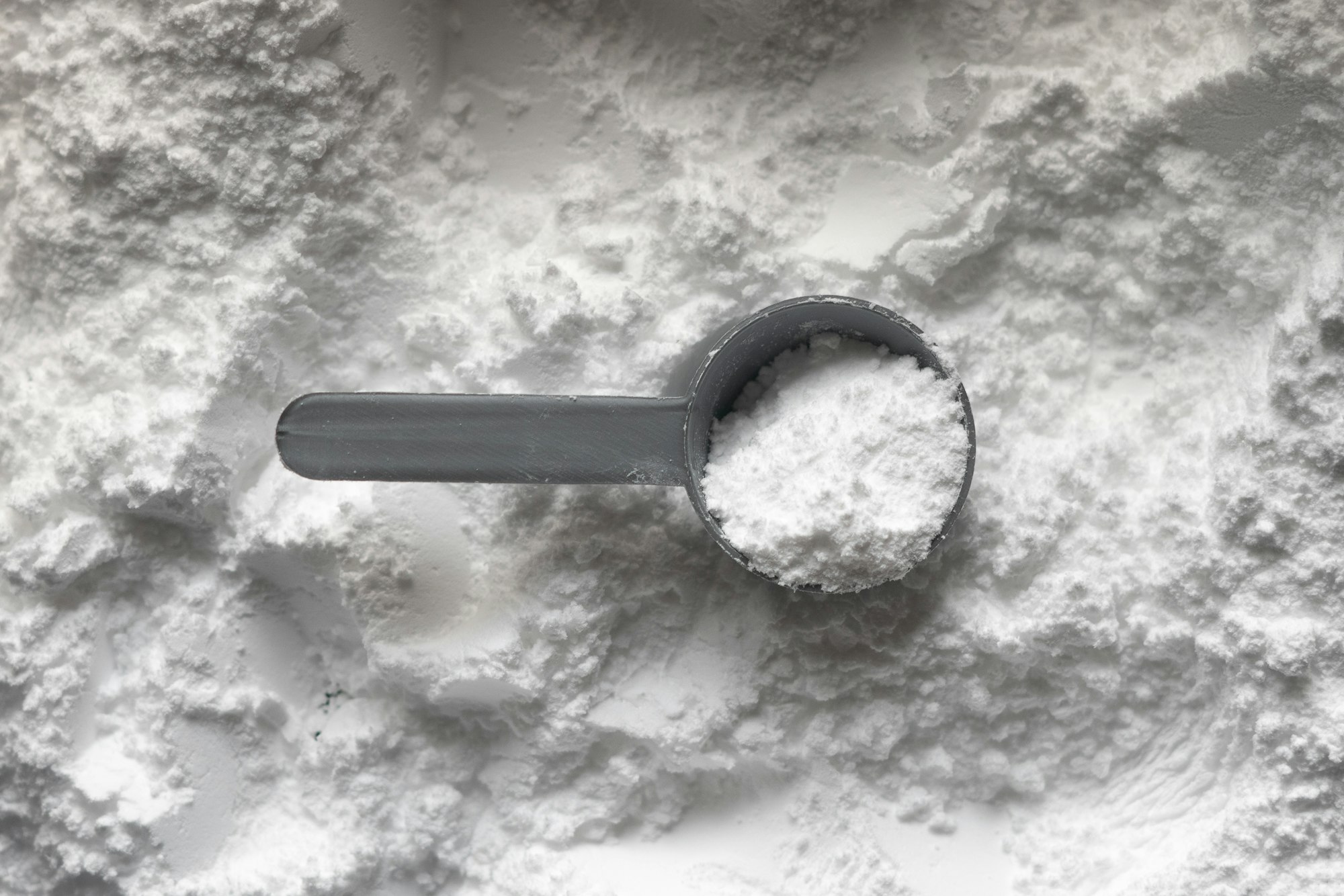 A dark grey plastic measuring scoop filled with fine white supplement powder, resting on a bed of loose powder, photographed from above.