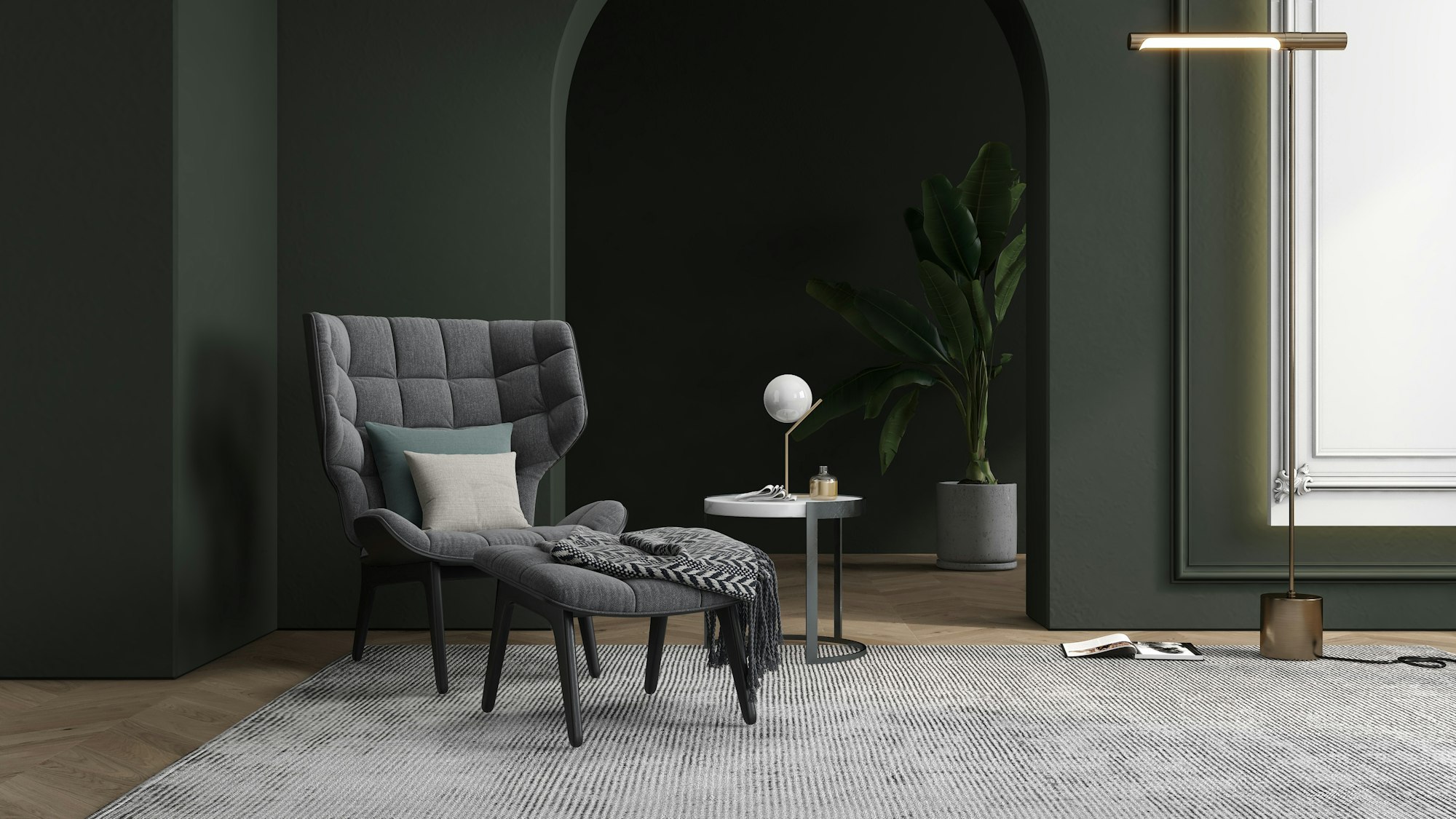 A tufted grey designer armchair and matching ottoman in a dark green room with an arched alcove and a tall potted plant
