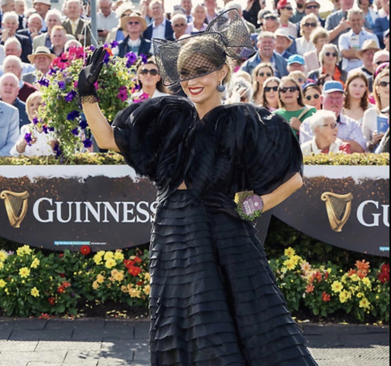 Davinia Knight at the Galway Races in the all-black tiered dress that won Best Dressed Lady in 2024
