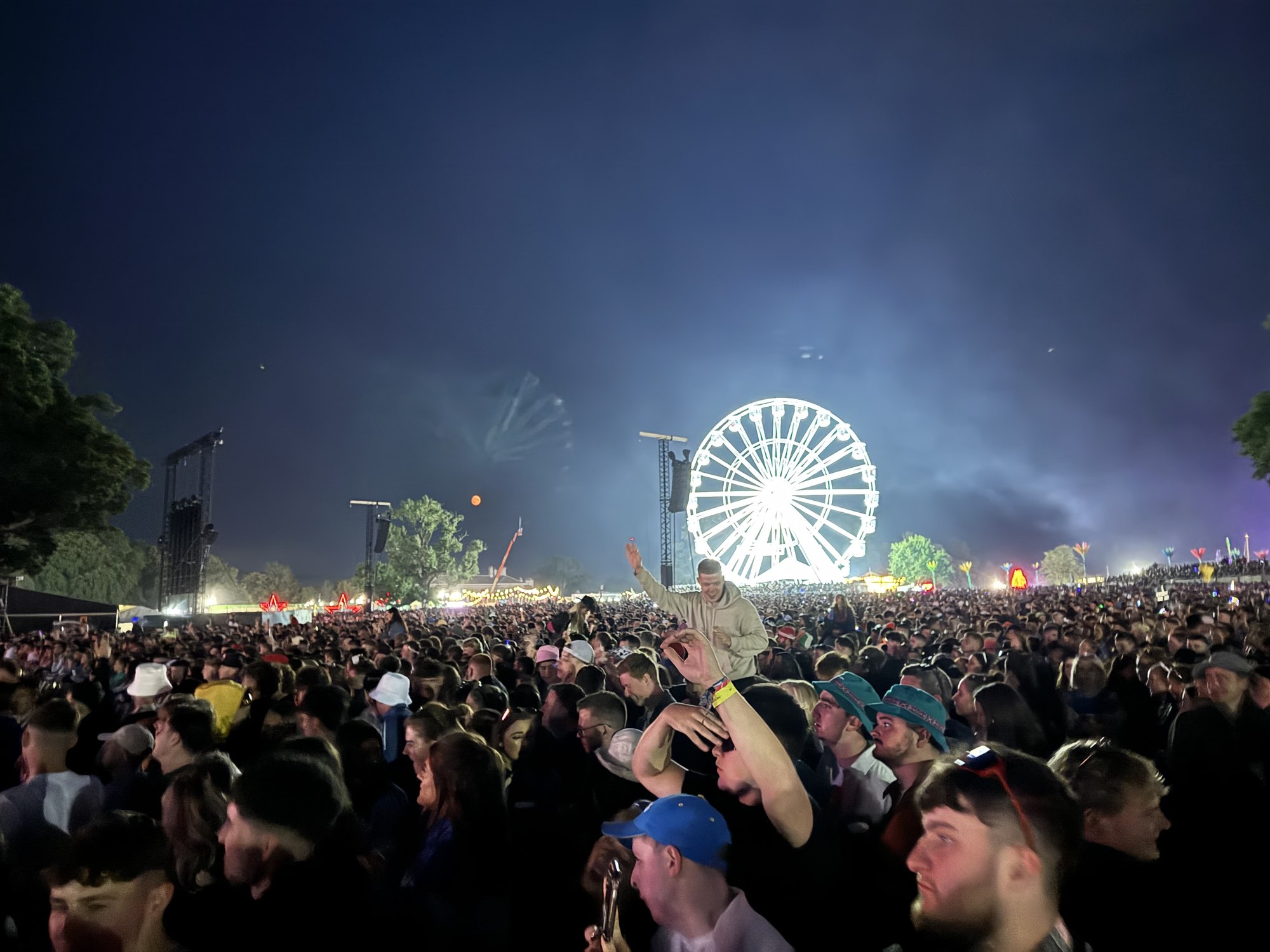 A large crowd at Electric Picnic at night with the illuminated big wheel behind them.
