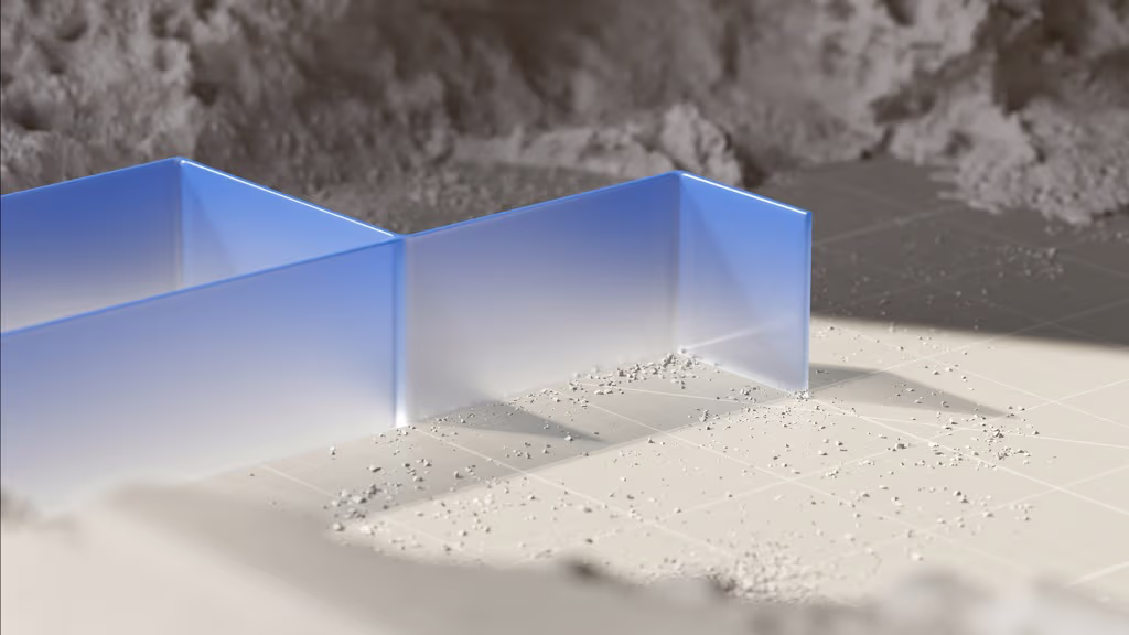 Abstract 3D illustration of a glass-like blue barrier on a sandy surface