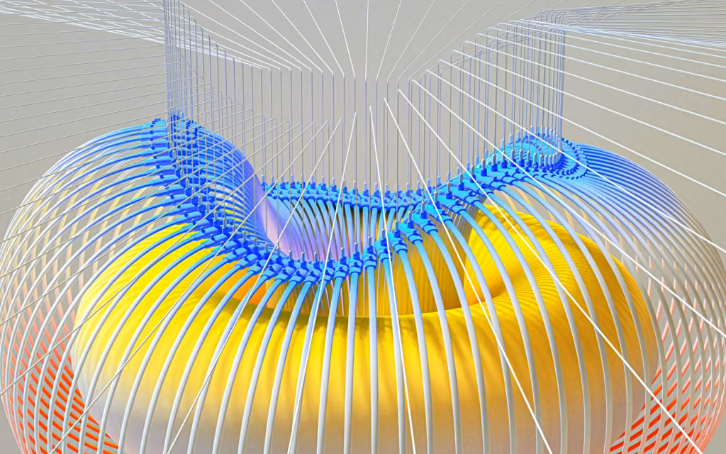 Abstract AI render of a yellow ring wrapped in a blue ribbed structure