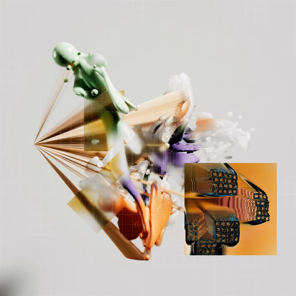 Abstract 3D collage of colorful organic and geometric shapes
