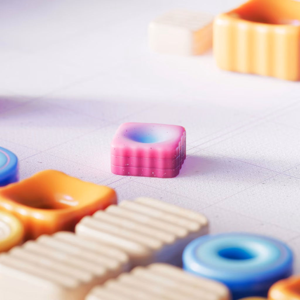 Abstract AI render of glossy pink, orange and blue puzzle-like tiles up close