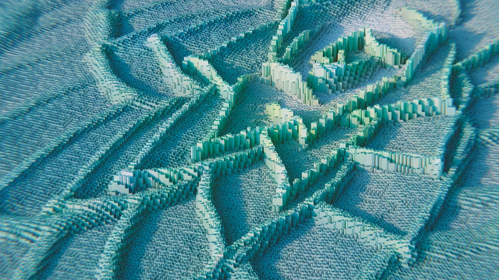 Abstract 3D illustration of a turquoise, wave-like voxel landscape