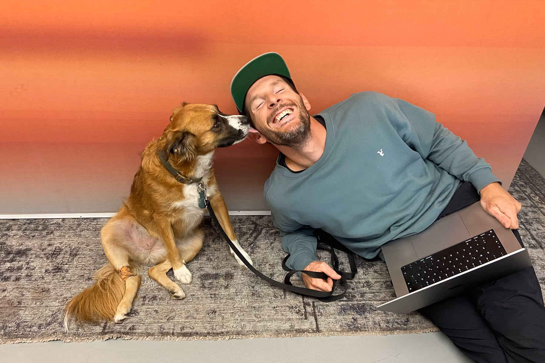 Ein Mann lacht, während ein Hund ihm mit Laptop auf dem Schoß das Gesicht leckt