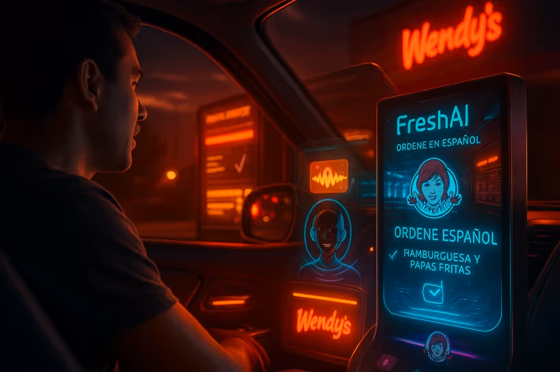 Man at Wendy's drive-thru ordering using a digital AI interface displaying 'FreshAI' and options in Spanish.