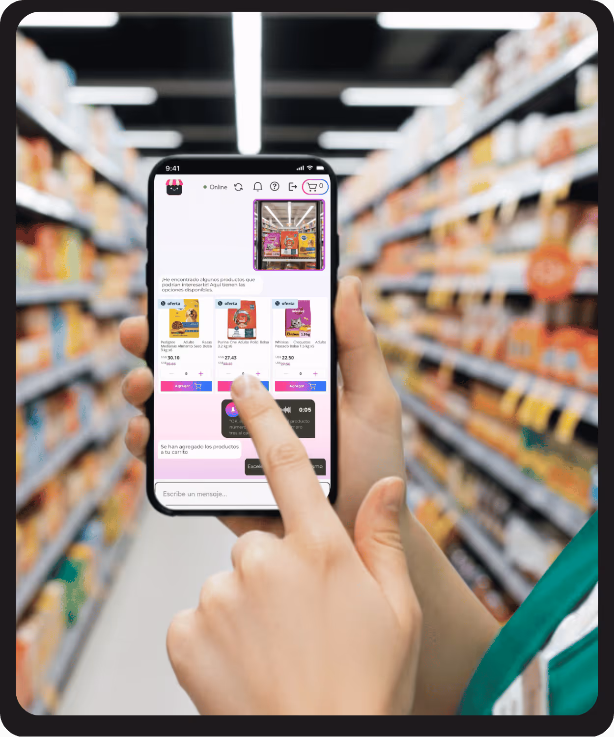 Person using a smartphone to shop online for pet food in a grocery store aisle.