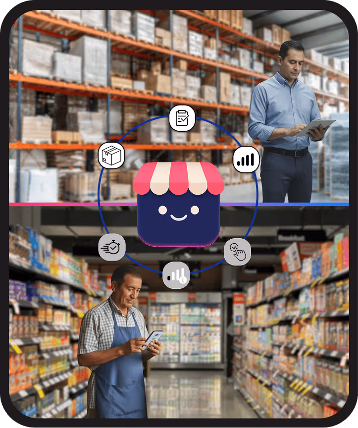 Warehouse worker using a tablet and store clerk checking phone, connected by icons around a smiling store app symbol representing inventory and sales management.