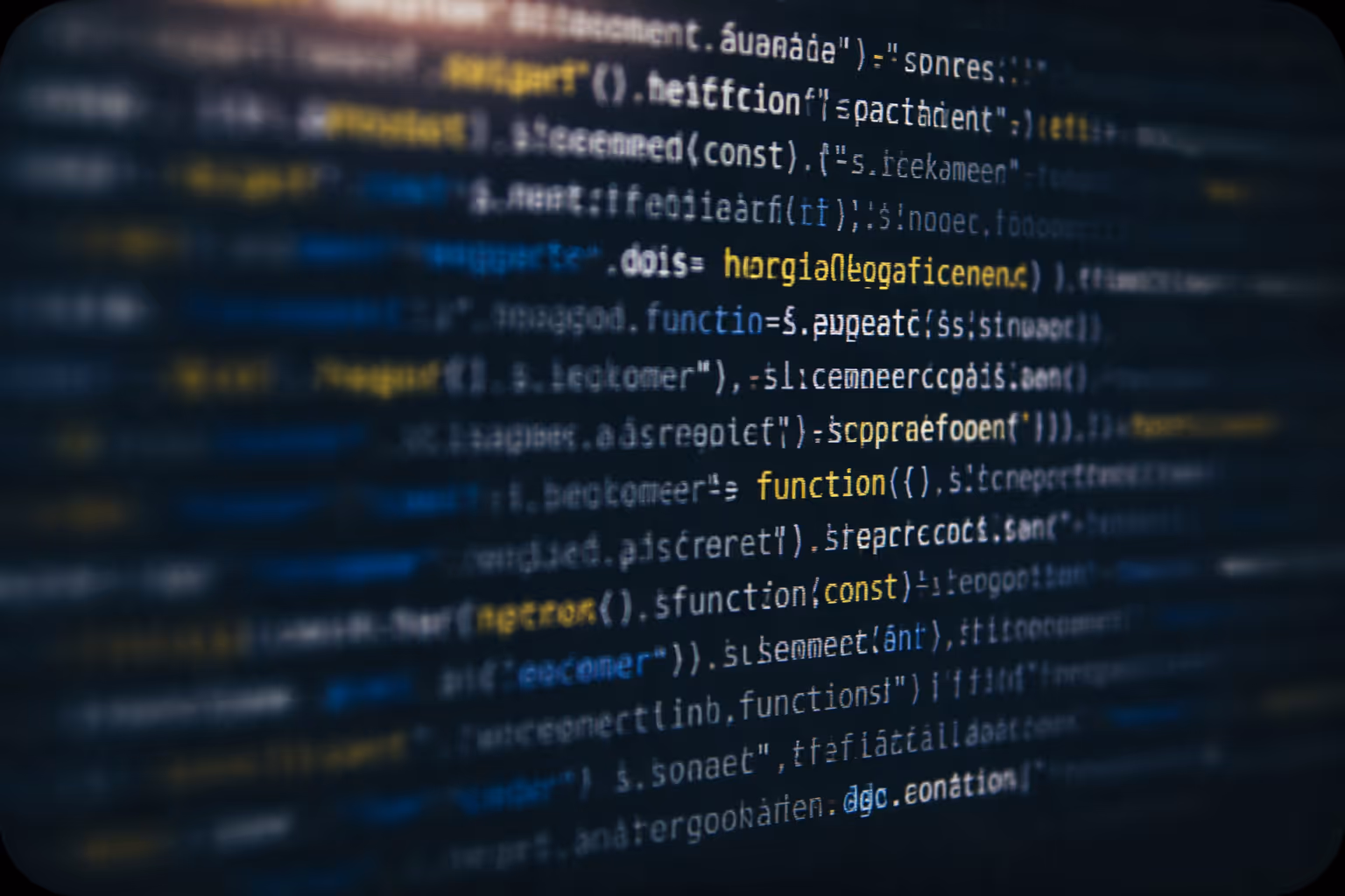 Blurred screen displaying colorful programming code with syntax highlighting in yellow, blue, and white on dark background.