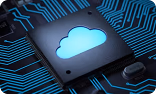 Close-up of a computer chip with a glowing blue cloud icon surrounded by blue circuit lines on a dark background.