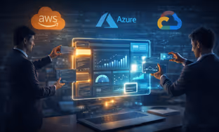 Two professionals interacting with a large virtual touchscreen displaying data charts and cloud service logos for AWS, Azure, and Google Cloud.