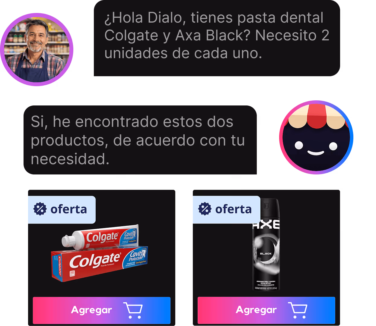 Chat conversation with a man asking for two units each of Colgate toothpaste and Axe Black deodorant, and a reply confirming availability with images of the two products labeled 'offer' and 'Add to cart' buttons.