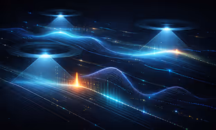 Abstract digital landscape with blue light waves and glowing spotlights over a dark background symbolizing data monitoring.