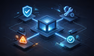 Glowing central cube connected by light beams to four platforms with icons for security shield, warning alert, checkmark, and tools with gear on a dark background.