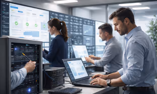 IT professionals monitoring servers and analyzing data on laptops and large screens in a modern control room.
