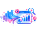 Futuristic digital interface with bar chart, key icons, circular data visuals, and glowing blue and purple elements.