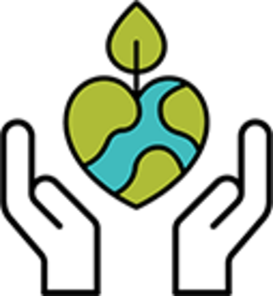 An icon of two hands holding a heart-shaped Earth with a leaf growing out of it
