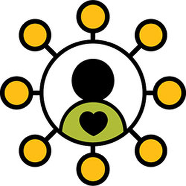 An icon of a person surrounded by small circles that represent the many causes of poverty