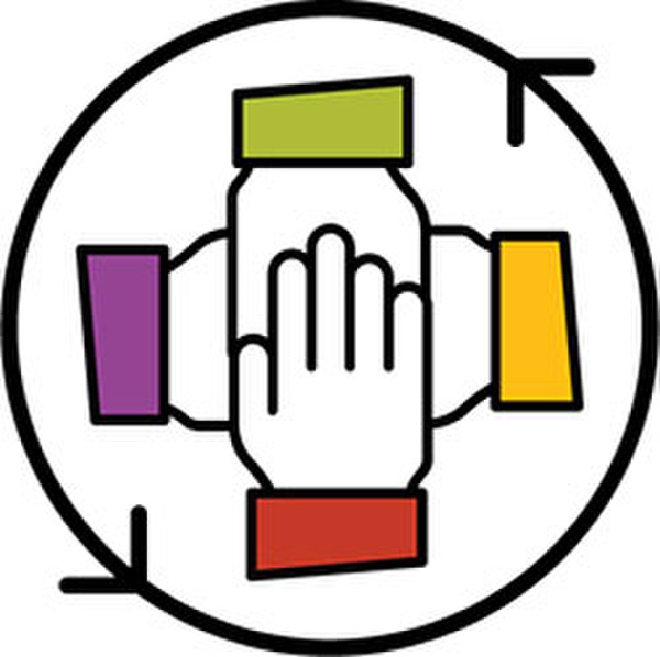An icon of four hands joined together surrounded by a circle representing community-led development