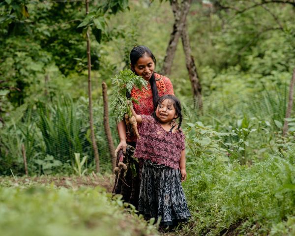 A Guatemalan mother and her young daughter hold up freshly harvested carrots in a lush garden
