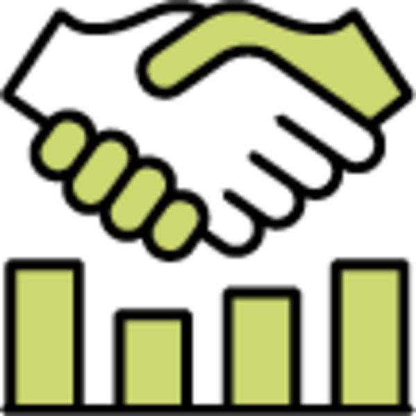 Two-tone icon of a handshake above a bar chart