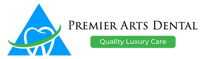 Blue triangle with a tooth outline and green curved line, next to a green button labeled Quality Luxury Care.