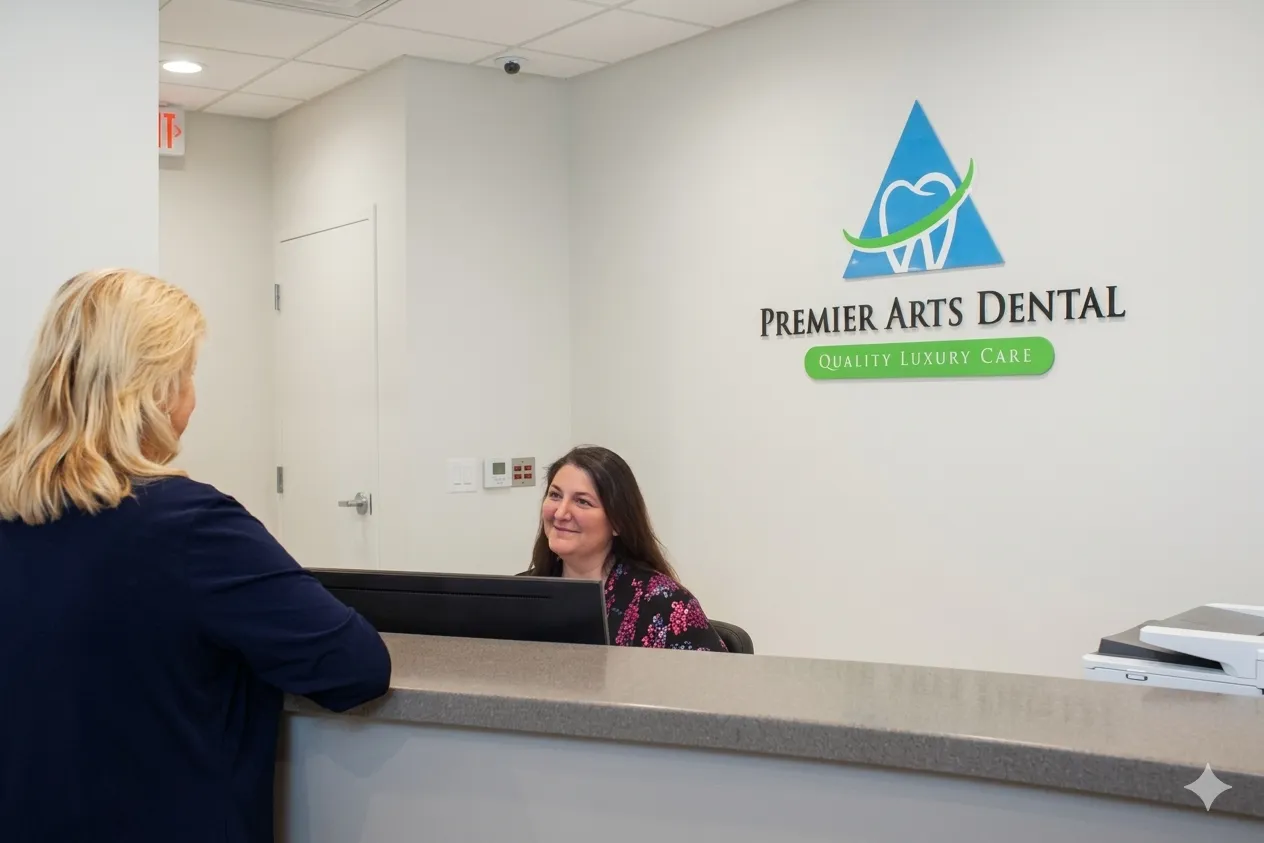 Receptionist smiling at a woman standing at the Premier Arts Dental front desk.