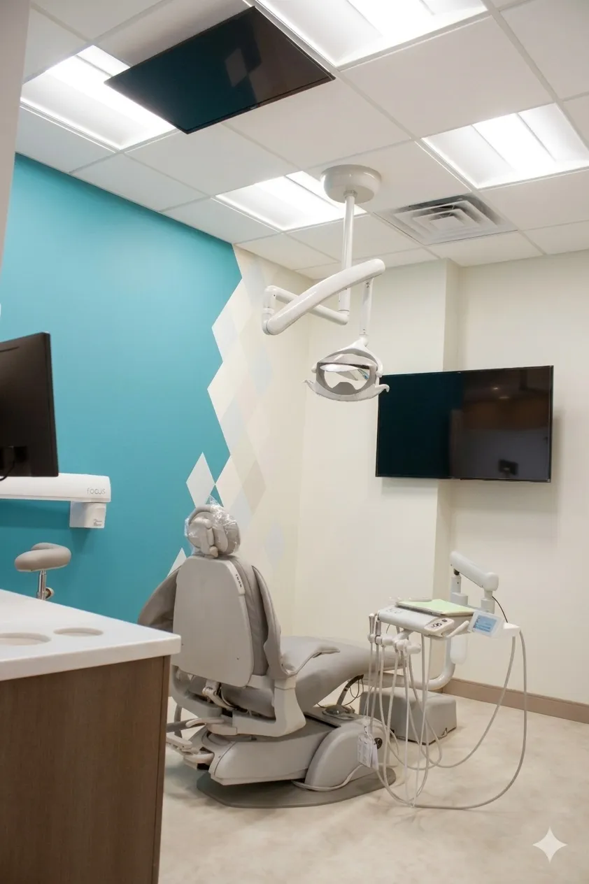 Modern dental exam room with dental chair, overhead light, monitors, and dental equipment.