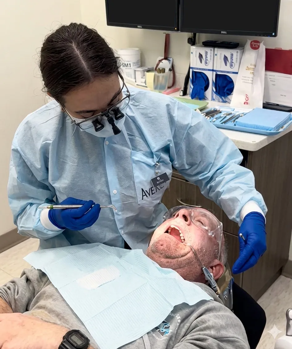 Dentist in blue gloves and mask working on a patient's teeth in a dental office.