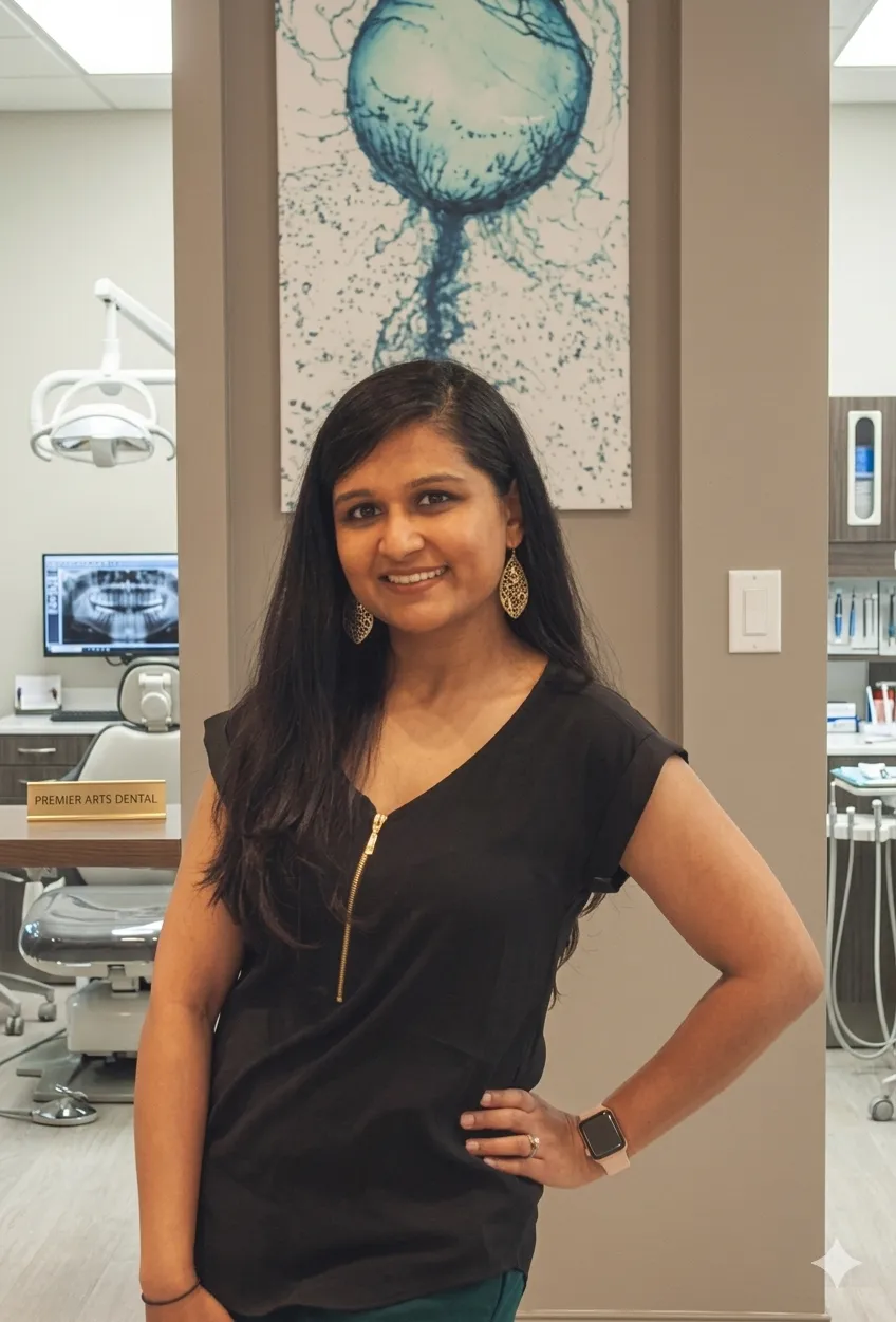 Smiling woman with long dark hair stands in a dental office with dental chair and equipment behind her.