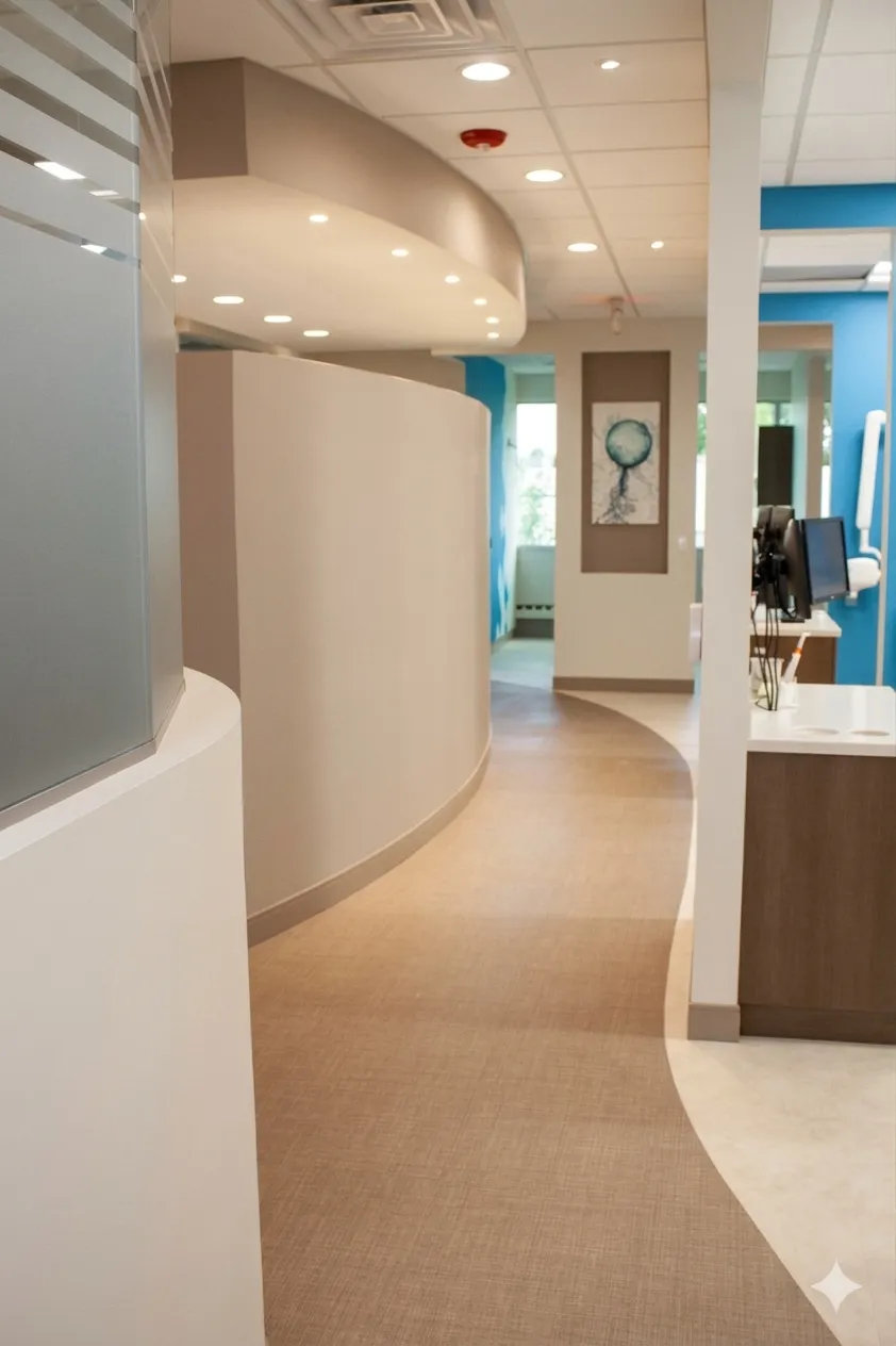 Curved corridor with beige walls and flooring, recessed lights, modern desks, and blue accent walls.