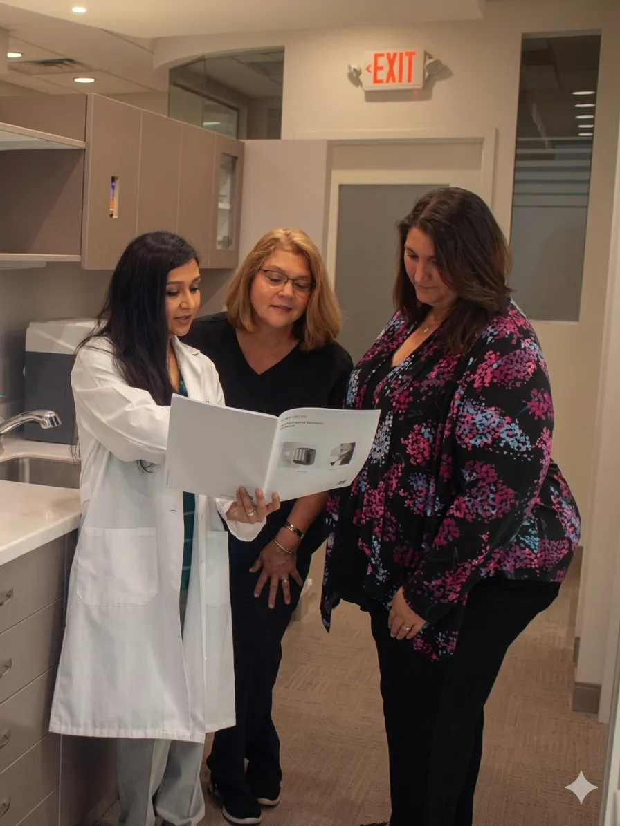 A female doctor in a white coat shows a document to two women in an office setting.